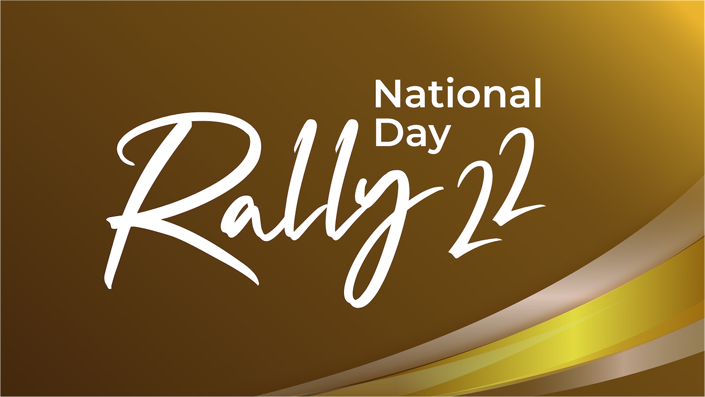 Text on brown: National Day Rally 22 with gold and brown curves at the bottom.